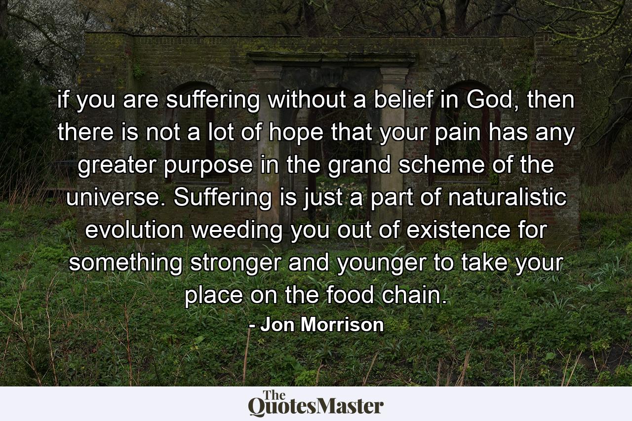 if you are suffering without a belief in God, then there is not a lot of hope that your pain has any greater purpose in the grand scheme of the universe. Suffering is just a part of naturalistic evolution weeding you out of existence for something stronger and younger to take your place on the food chain. - Quote by Jon Morrison