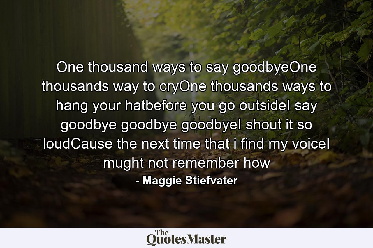 One thousand ways to say goodbyeOne thousands way to cryOne thousands ways to hang your hatbefore you go outsideI say goodbye goodbye goodbyeI shout it so loudCause the next time that i find my voiceI mught not remember how - Quote by Maggie Stiefvater