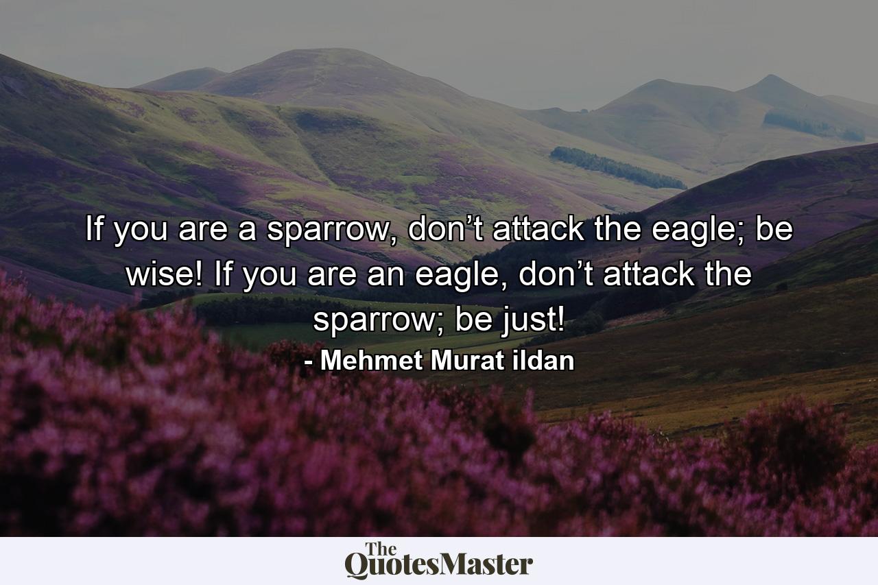 If you are a sparrow, don’t attack the eagle; be wise! If you are an eagle, don’t attack the sparrow; be just! - Quote by Mehmet Murat ildan