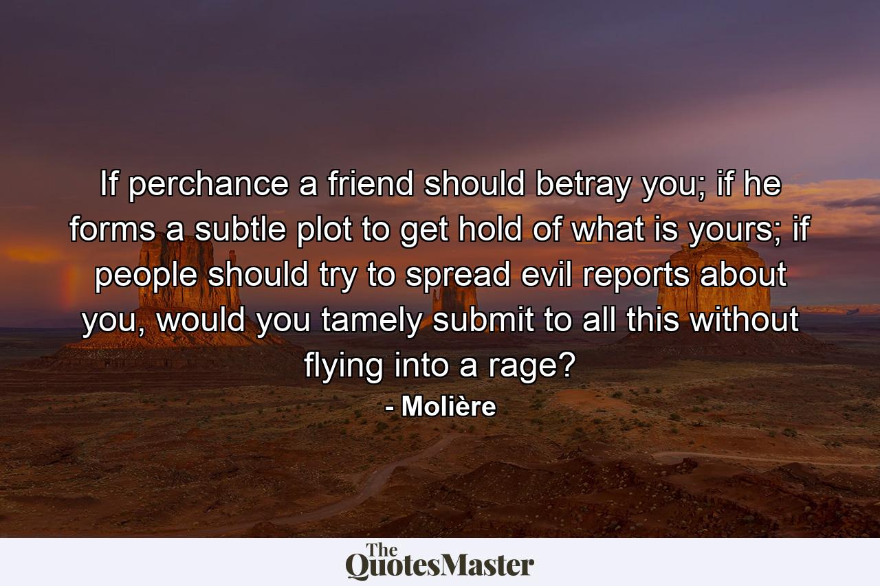 If perchance a friend should betray you; if he forms a subtle plot to get hold of what is yours; if people should try to spread evil reports about you, would you tamely submit to all this without flying into a rage? - Quote by Molière