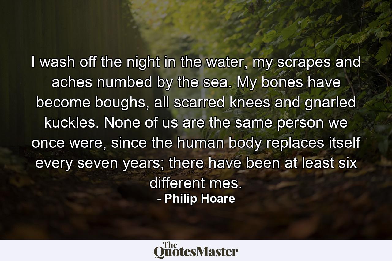 I wash off the night in the water, my scrapes and aches numbed by the sea. My bones have become boughs, all scarred knees and gnarled kuckles. None of us are the same person we once were, since the human body replaces itself every seven years; there have been at least six different mes. - Quote by Philip Hoare