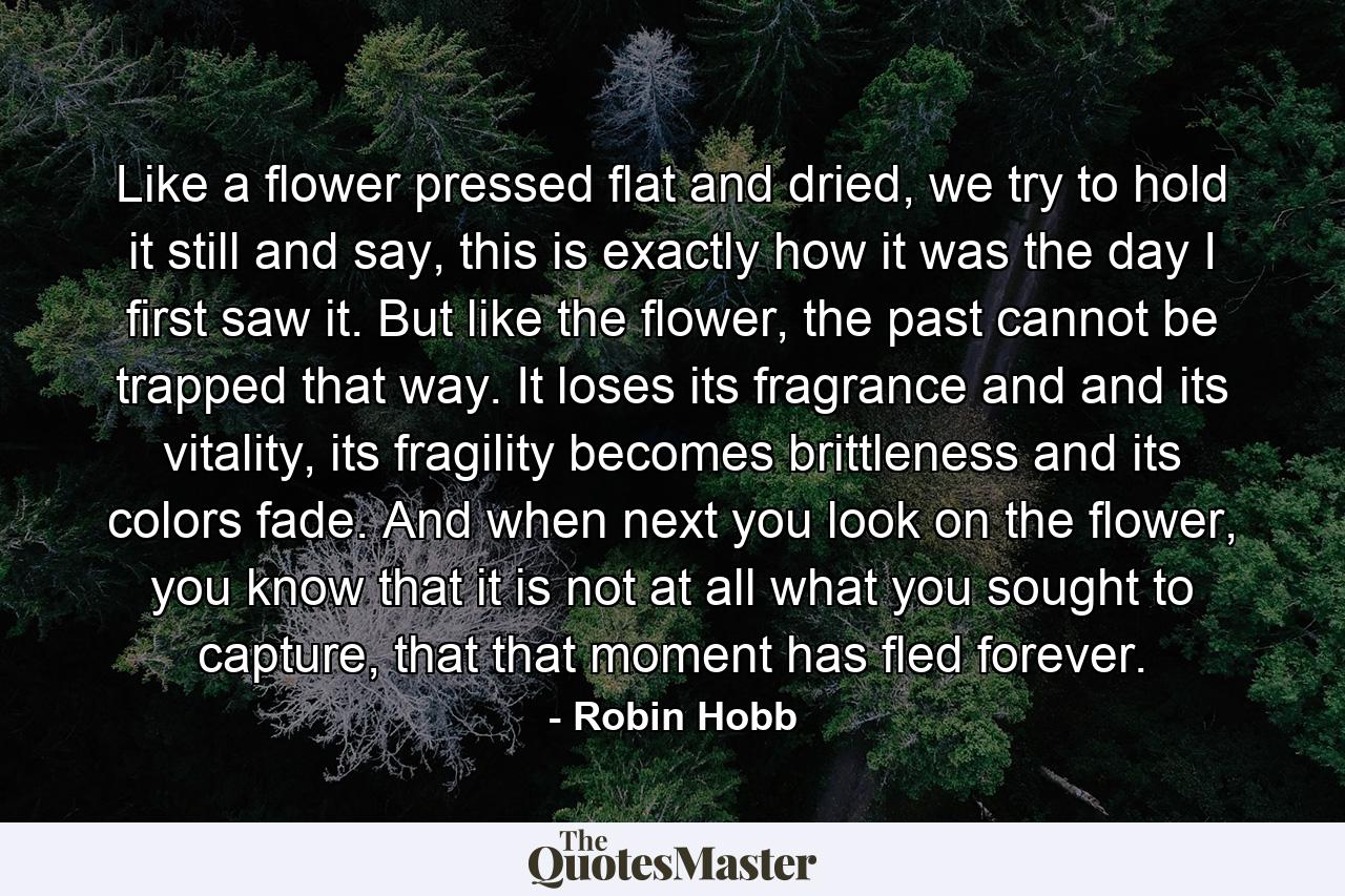 Like a flower pressed flat and dried, we try to hold it still and say, this is exactly how it was the day I first saw it. But like the flower, the past cannot be trapped that way. It loses its fragrance and and its vitality, its fragility becomes brittleness and its colors fade. And when next you look on the flower, you know that it is not at all what you sought to capture, that that moment has fled forever. - Quote by Robin Hobb