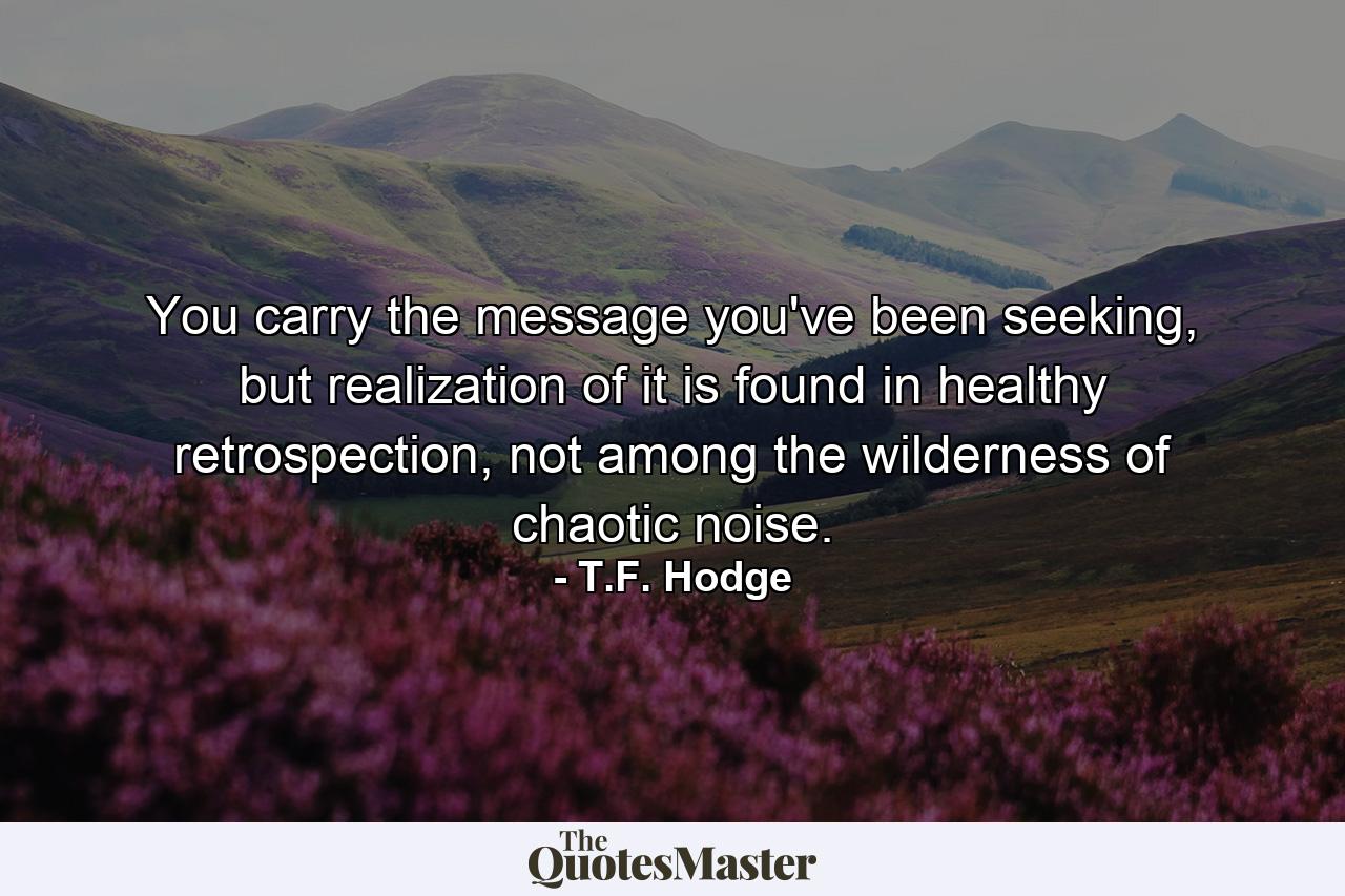 You carry the message you've been seeking, but realization of it is found in healthy retrospection, not among the wilderness of chaotic noise. - Quote by T.F. Hodge