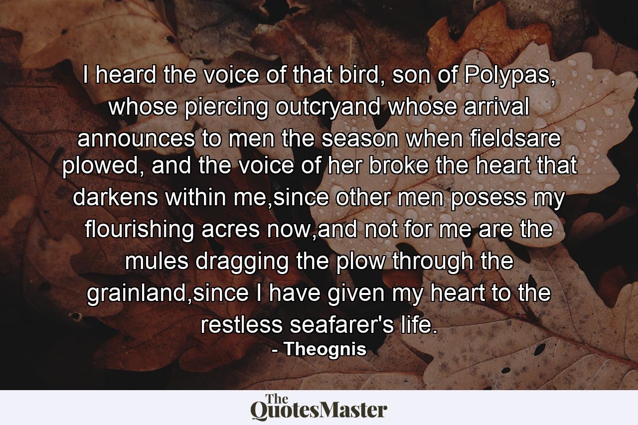 I heard the voice of that bird, son of Polypas, whose piercing outcryand whose arrival announces to men the season when fieldsare plowed, and the voice of her broke the heart that darkens within me,since other men posess my flourishing acres now,and not for me are the mules dragging the plow through the grainland,since I have given my heart to the restless seafarer's life. - Quote by Theognis