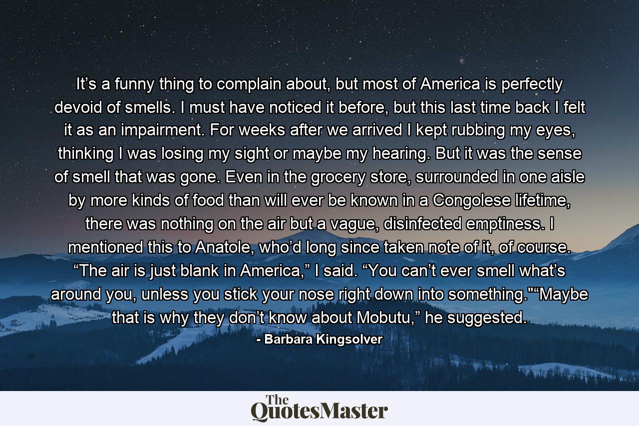 It’s a funny thing to complain about, but most of America is perfectly devoid of smells. I must have noticed it before, but this last time back I felt it as an impairment. For weeks after we arrived I kept rubbing my eyes, thinking I was losing my sight or maybe my hearing. But it was the sense of smell that was gone. Even in the grocery store, surrounded in one aisle by more kinds of food than will ever be known in a Congolese lifetime, there was nothing on the air but a vague, disinfected emptiness. I mentioned this to Anatole, who’d long since taken note of it, of course. “The air is just blank in America,” I said. “You can’t ever smell what’s around you, unless you stick your nose right down into something.