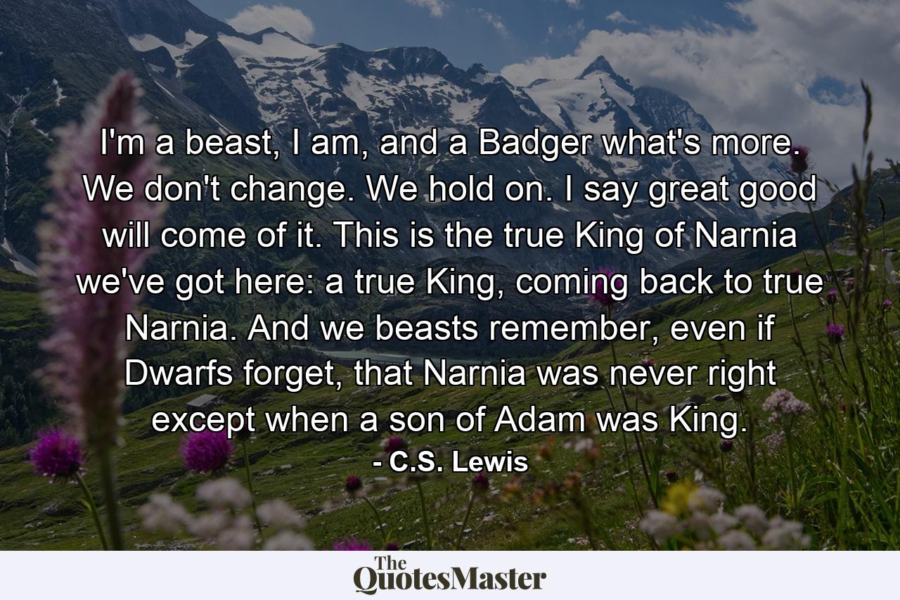 I'm a beast, I am, and a Badger what's more. We don't change. We hold on. I say great good will come of it. This is the true King of Narnia we've got here: a true King, coming back to true Narnia. And we beasts remember, even if Dwarfs forget, that Narnia was never right except when a son of Adam was King. - Quote by C.S. Lewis