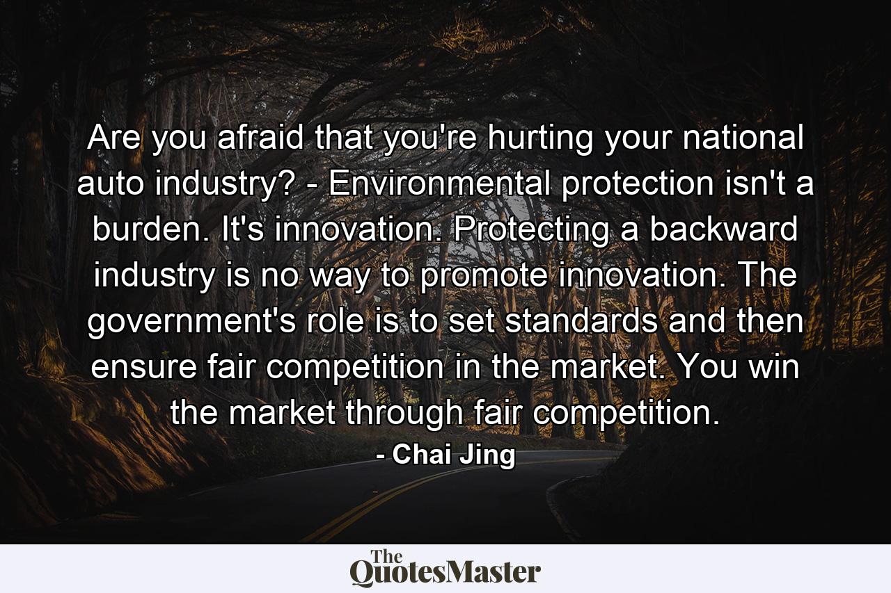 Are you afraid that you're hurting your national auto industry? - Environmental protection isn't a burden. It's innovation. Protecting a backward industry is no way to promote innovation. The government's role is to set standards and then ensure fair competition in the market. You win the market through fair competition. - Quote by Chai Jing