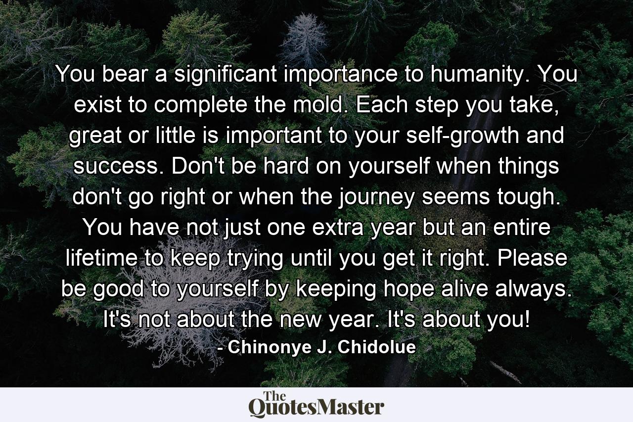 You bear a significant importance to humanity. You exist to complete the mold. Each step you take, great or little is important to your self-growth and success. Don't be hard on yourself when things don't go right or when the journey seems tough. You have not just one extra year but an entire lifetime to keep trying until you get it right. Please be good to yourself by keeping hope alive always. It's not about the new year. It's about you! - Quote by Chinonye J. Chidolue