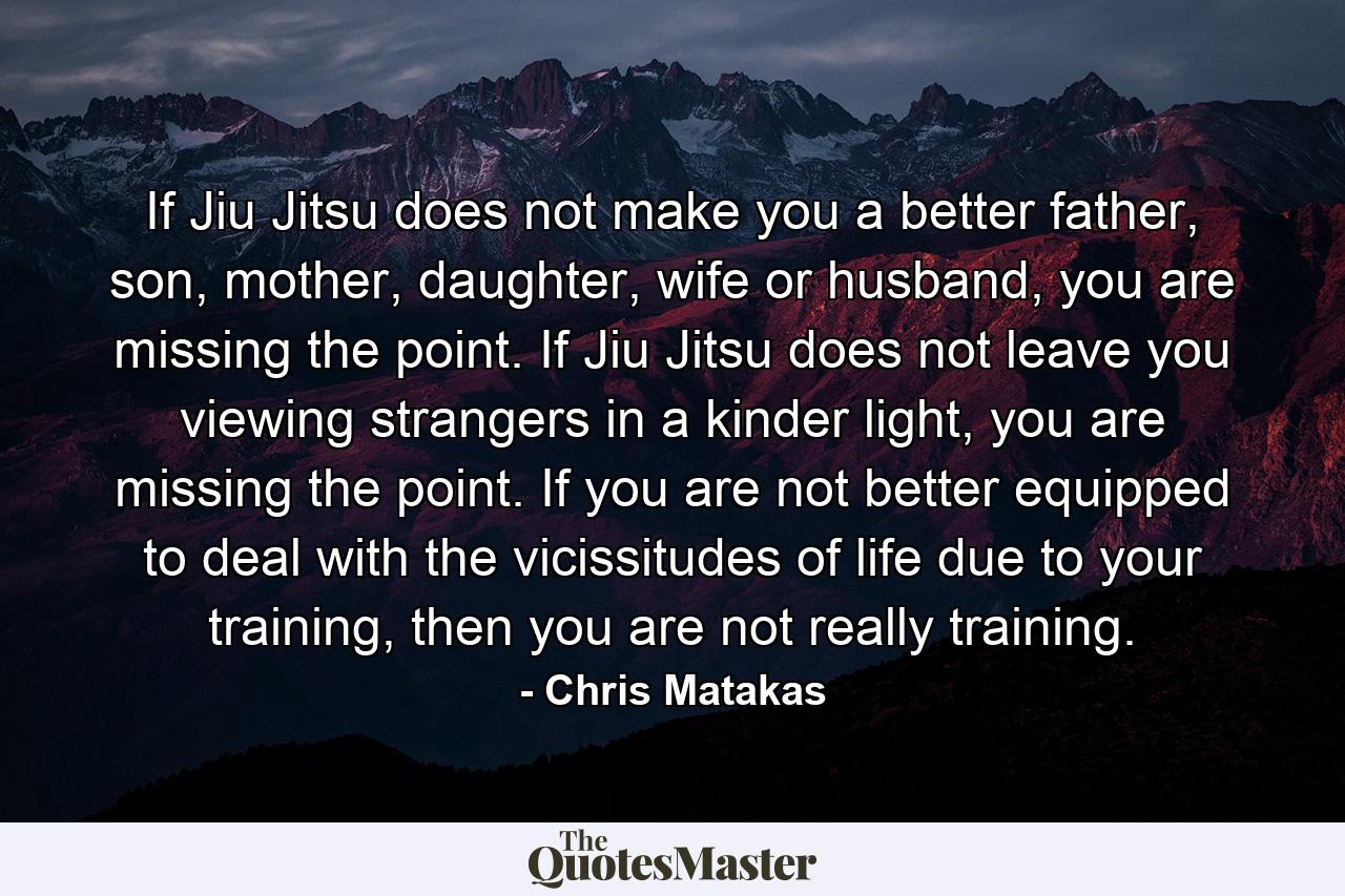 If Jiu Jitsu does not make you a better father, son, mother, daughter, wife or husband, you are missing the point. If Jiu Jitsu does not leave you viewing strangers in a kinder light, you are missing the point. If you are not better equipped to deal with the vicissitudes of life due to your training, then you are not really training. - Quote by Chris Matakas