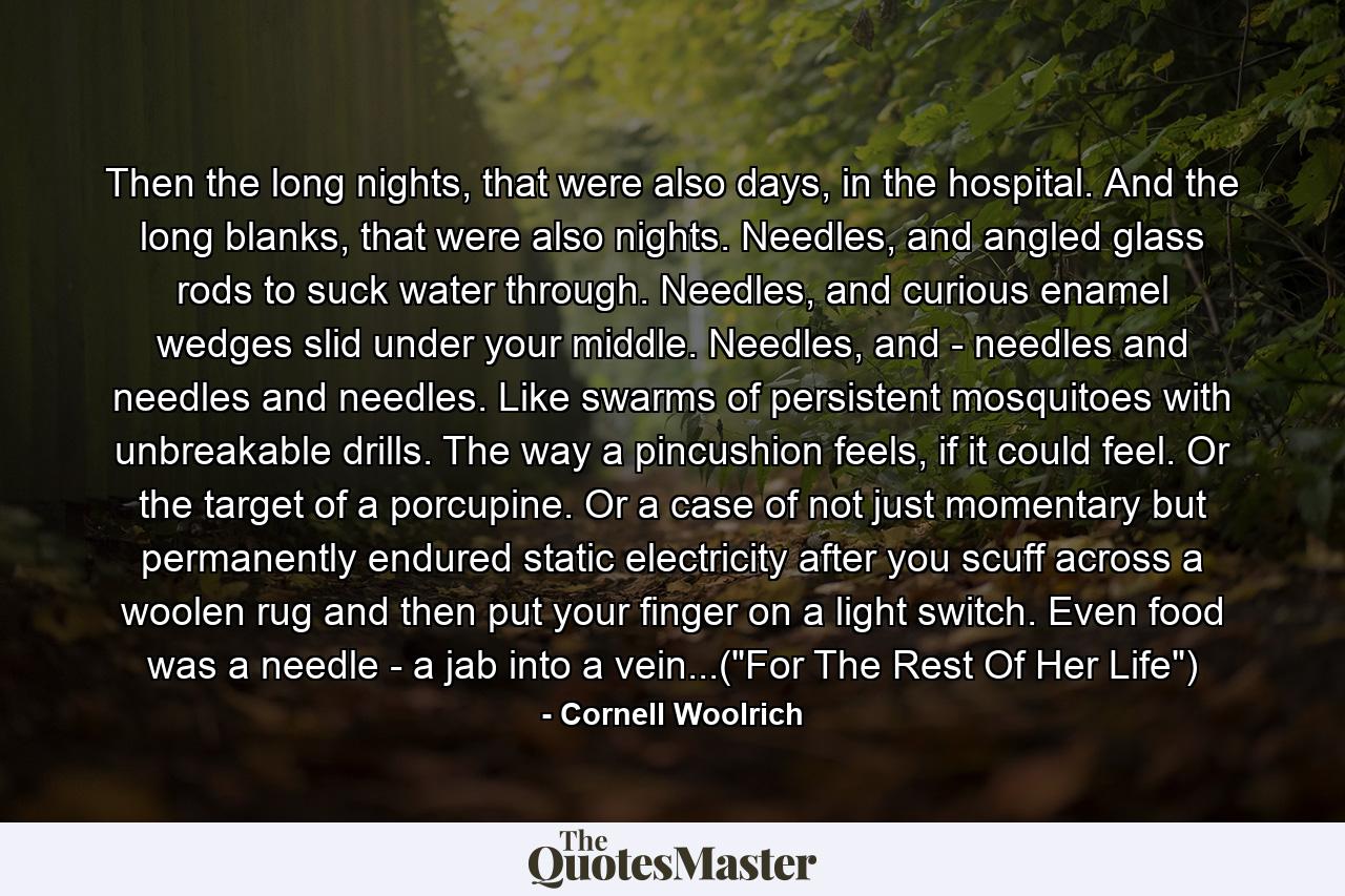 Then the long nights, that were also days, in the hospital. And the long blanks, that were also nights. Needles, and angled glass rods to suck water through. Needles, and curious enamel wedges slid under your middle. Needles, and - needles and needles and needles. Like swarms of persistent mosquitoes with unbreakable drills. The way a pincushion feels, if it could feel. Or the target of a porcupine. Or a case of not just momentary but permanently endured static electricity after you scuff across a woolen rug and then put your finger on a light switch. Even food was a needle - a jab into a vein...(