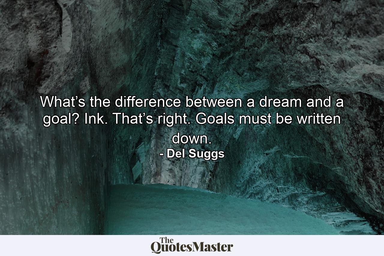 What’s the difference between a dream and a goal? Ink. That’s right. Goals must be written down. - Quote by Del Suggs