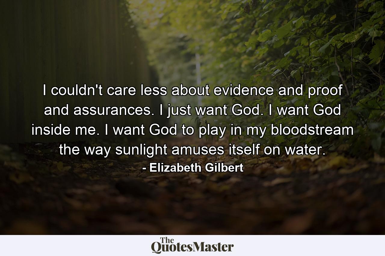 I couldn't care less about evidence and proof and assurances. I just want God. I want God inside me. I want God to play in my bloodstream the way sunlight amuses itself on water. - Quote by Elizabeth Gilbert