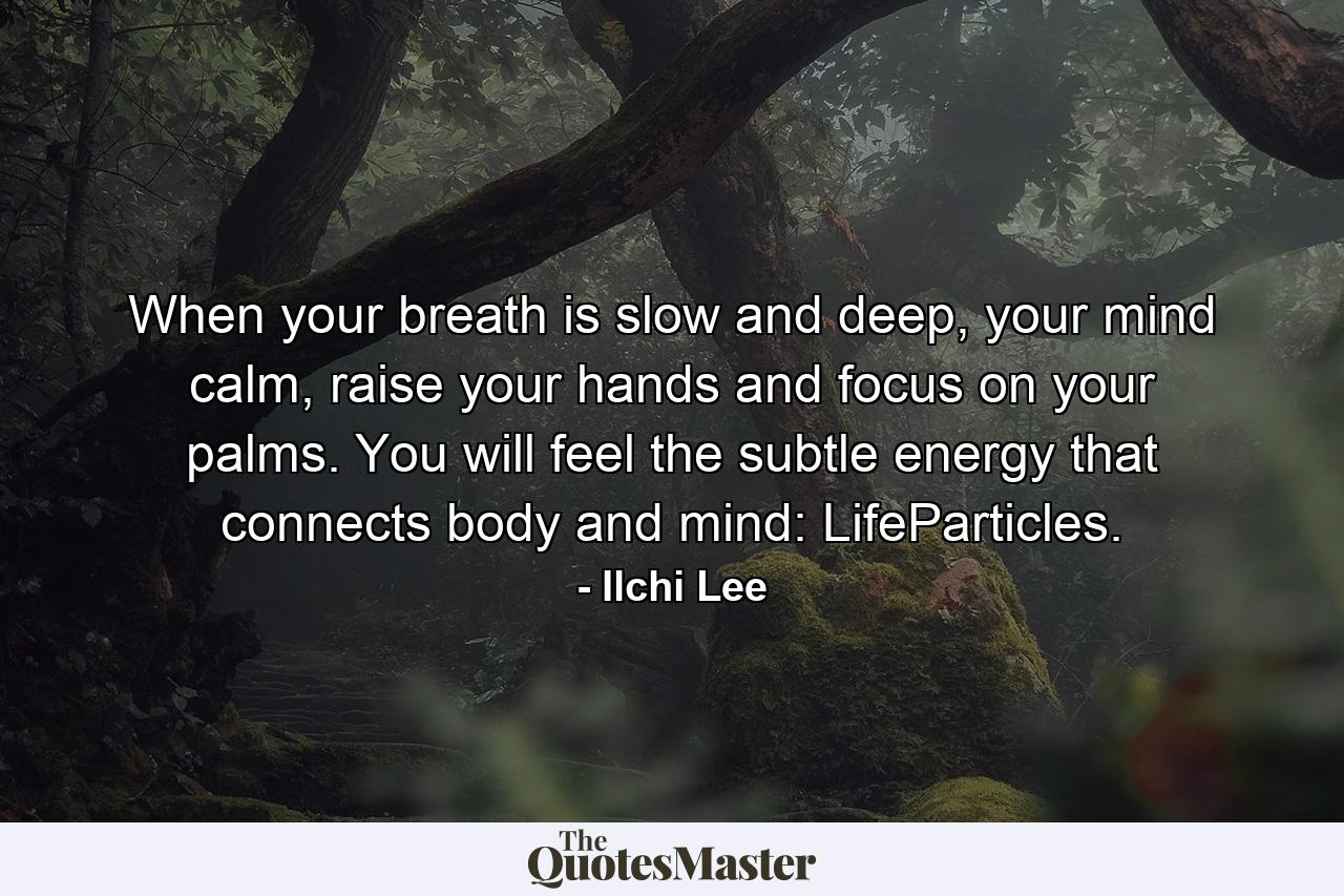 When your breath is slow and deep, your mind calm, raise your hands and focus on your palms. You will feel the subtle energy that connects body and mind: LifeParticles. - Quote by Ilchi Lee