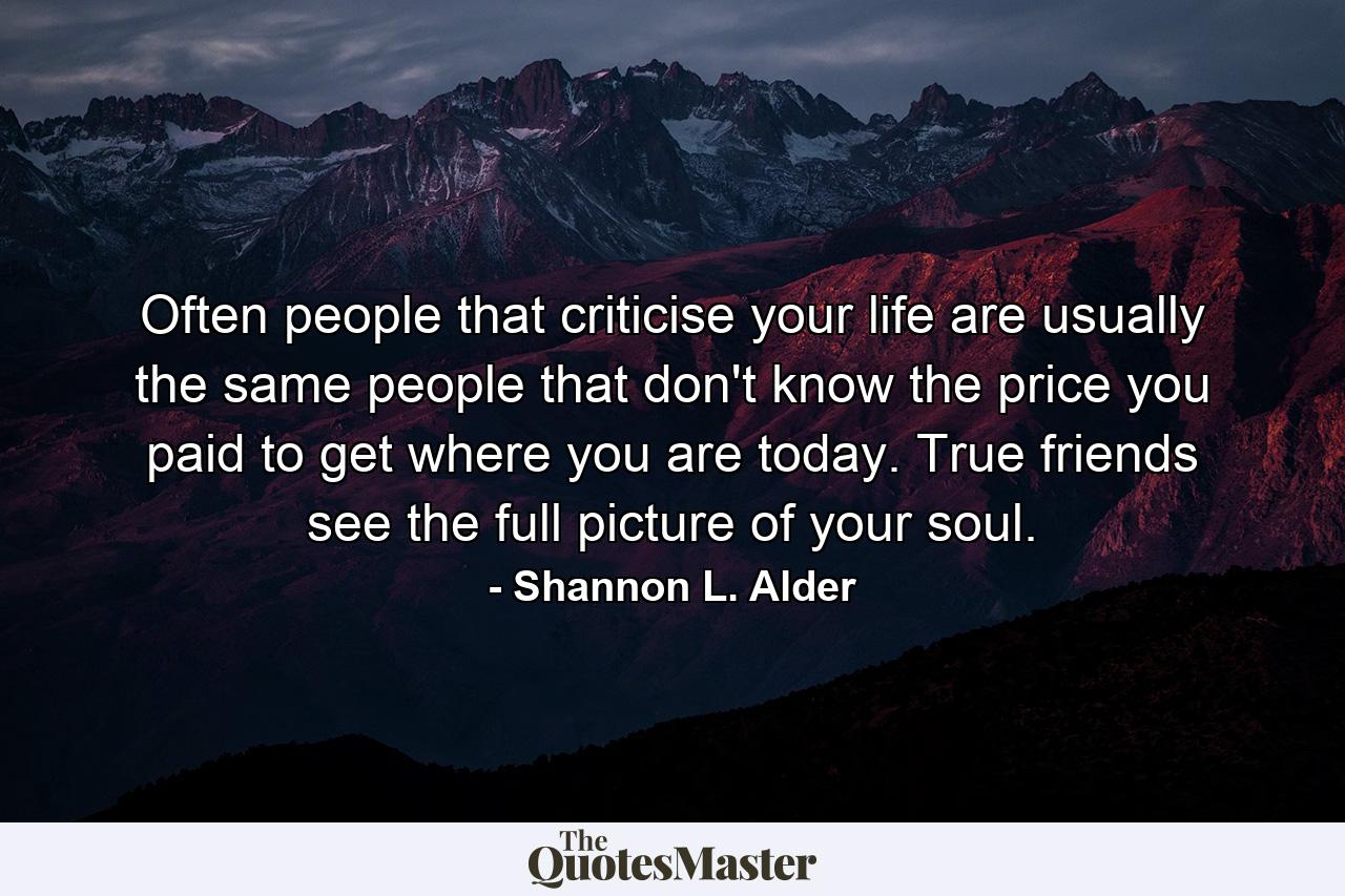 Often people that criticise your life are usually the same people that don't know the price you paid to get where you are today. True friends see the full picture of your soul. - Quote by Shannon L. Alder