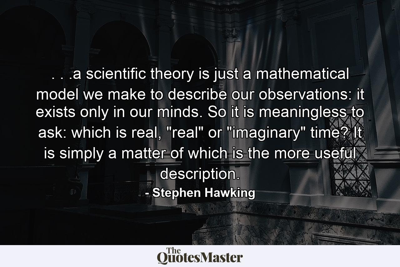 . . .a scientific theory is just a mathematical model we make to describe our observations: it exists only in our minds. So it is meaningless to ask: which is real, 