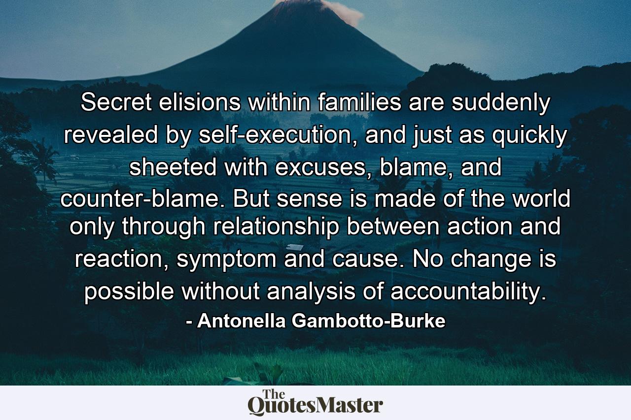 Secret elisions within families are suddenly revealed by self-execution, and just as quickly sheeted with excuses, blame, and counter-blame. But sense is made of the world only through relationship between action and reaction, symptom and cause. No change is possible without analysis of accountability. - Quote by Antonella Gambotto-Burke