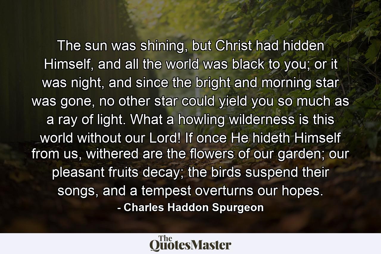 The sun was shining, but Christ had hidden Himself, and all the world was black to you; or it was night, and since the bright and morning star was gone, no other star could yield you so much as a ray of light. What a howling wilderness is this world without our Lord! If once He hideth Himself from us, withered are the flowers of our garden; our pleasant fruits decay; the birds suspend their songs, and a tempest overturns our hopes. - Quote by Charles Haddon Spurgeon