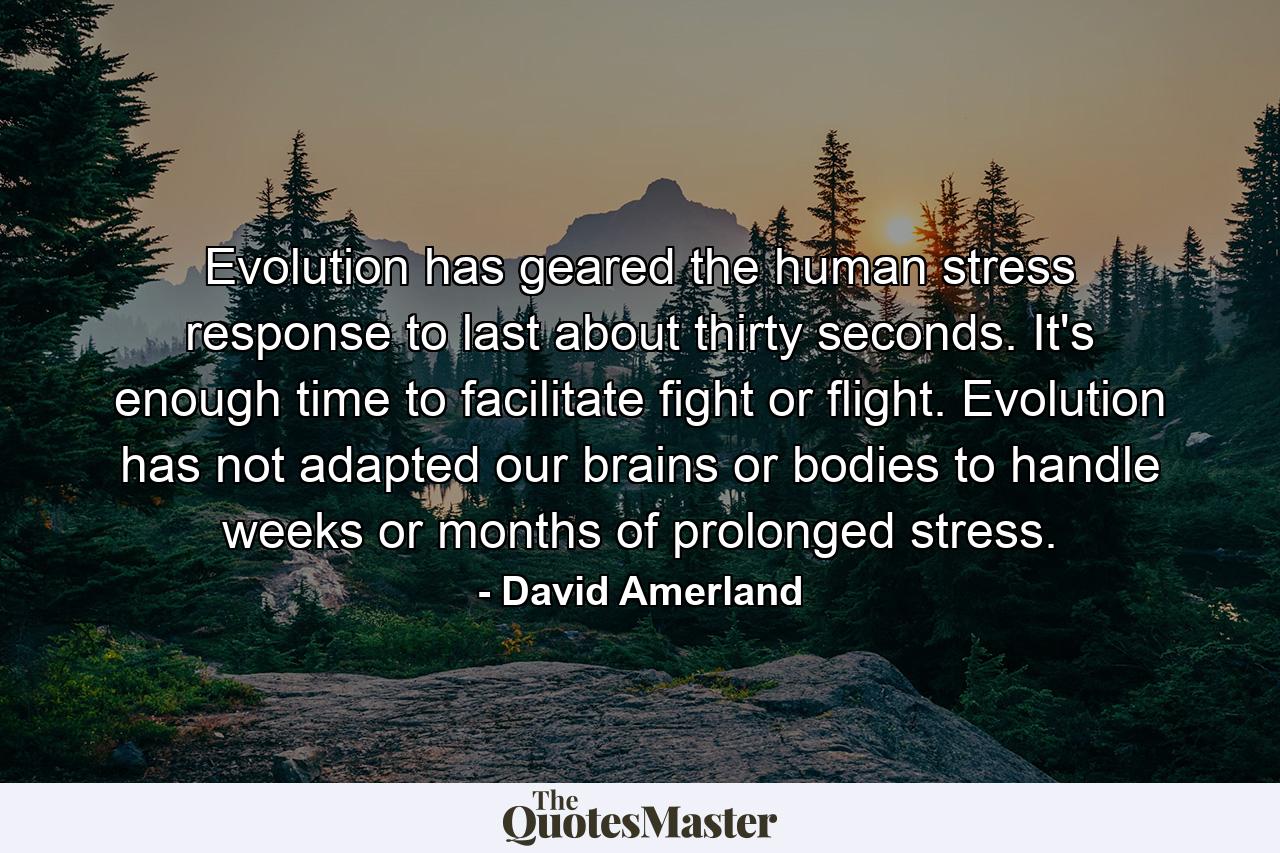 Evolution has geared the human stress response to last about thirty seconds. It's enough time to facilitate fight or flight. Evolution has not adapted our brains or bodies to handle weeks or months of prolonged stress. - Quote by David Amerland