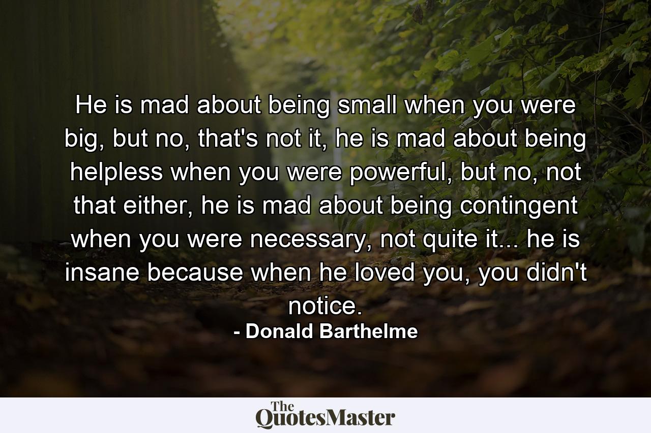 He is mad about being small when you were big, but no, that's not it, he is mad about being helpless when you were powerful, but no, not that either, he is mad about being contingent when you were necessary, not quite it... he is insane because when he loved you, you didn't notice. - Quote by Donald Barthelme