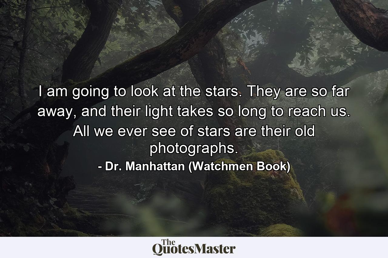 I am going to look at the stars. They are so far away, and their light takes so long to reach us. All we ever see of stars are their old photographs. - Quote by Dr. Manhattan (Watchmen Book)