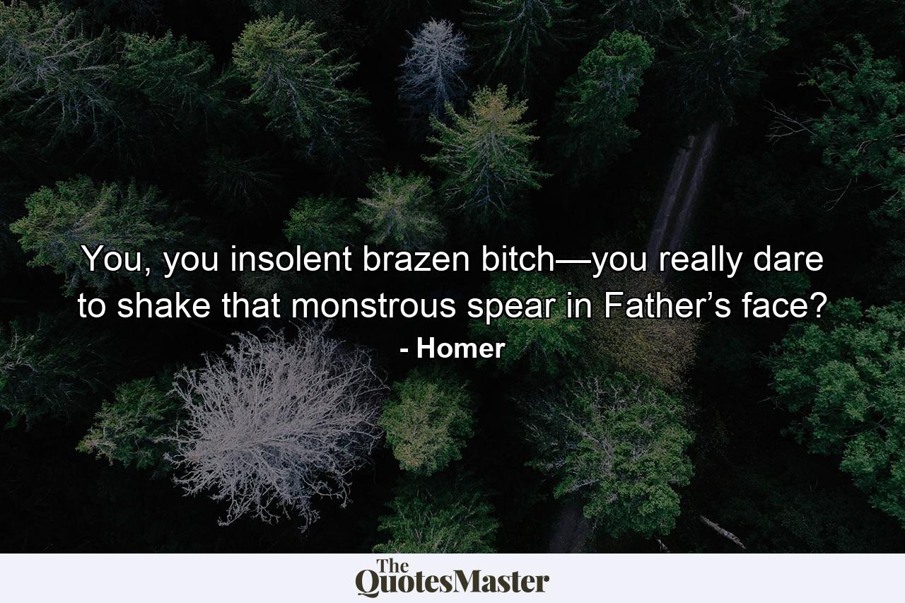 You, you insolent brazen bitch—you really dare to shake that monstrous spear in Father’s face? - Quote by Homer