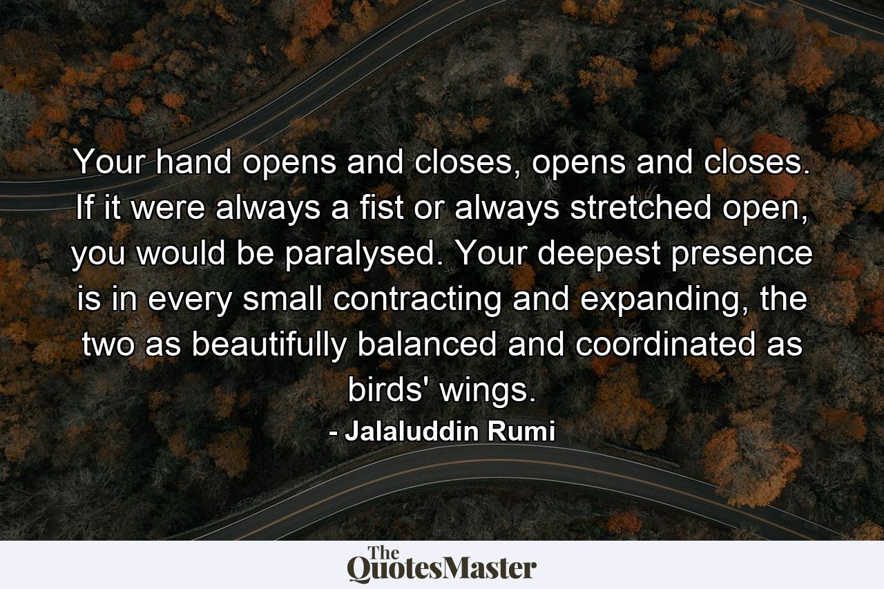 Your hand opens and closes, opens and closes. If it were always a fist or always stretched open, you would be paralysed. Your deepest presence is in every small contracting and expanding, the two as beautifully balanced and coordinated as birds' wings. - Quote by Jalaluddin Rumi