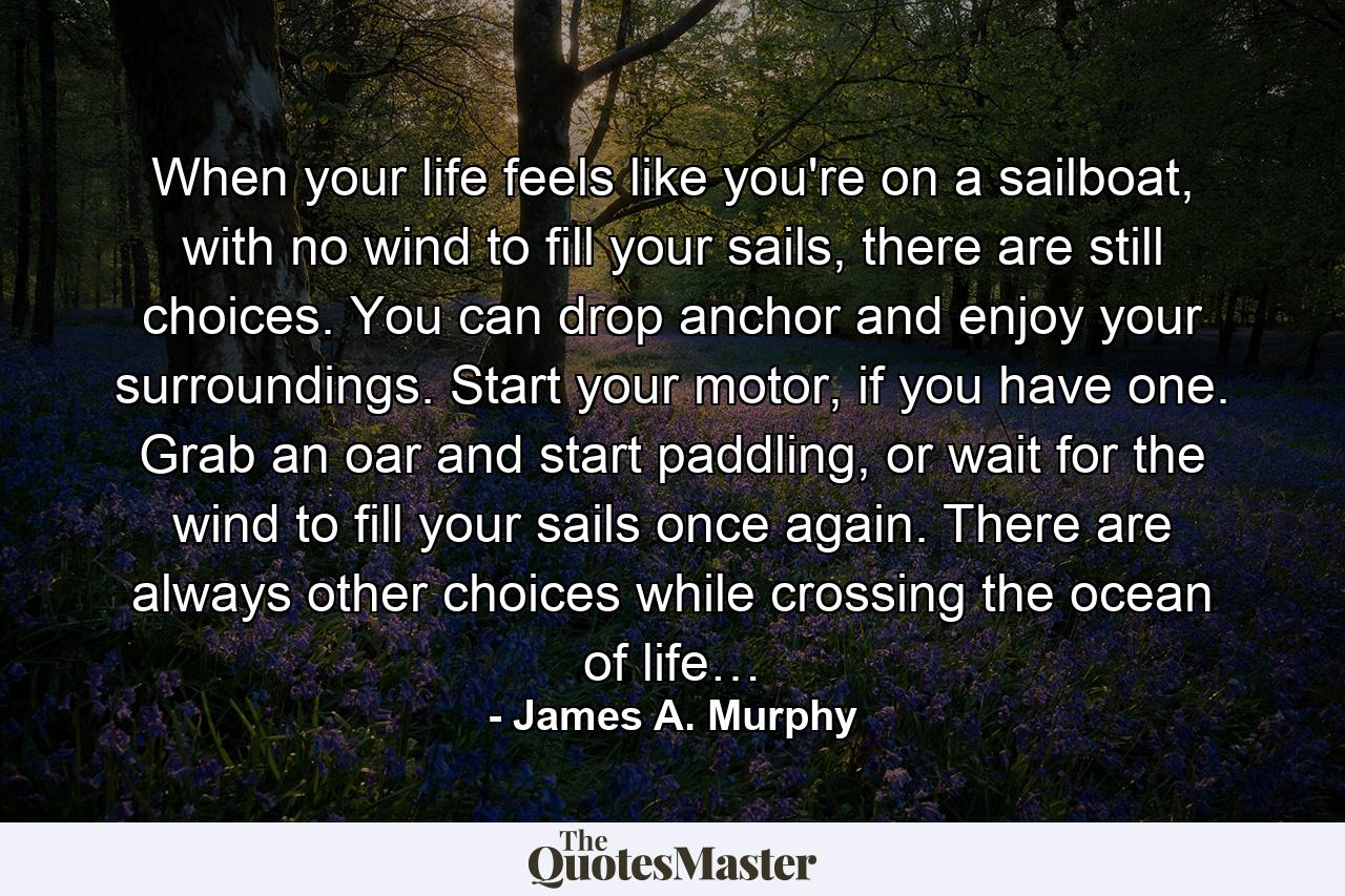 When your life feels like you're on a sailboat, with no wind to fill your sails, there are still choices. You can drop anchor and enjoy your surroundings. Start your motor, if you have one. Grab an oar and start paddling, or wait for the wind to fill your sails once again. There are always other choices while crossing the ocean of life… - Quote by James A. Murphy