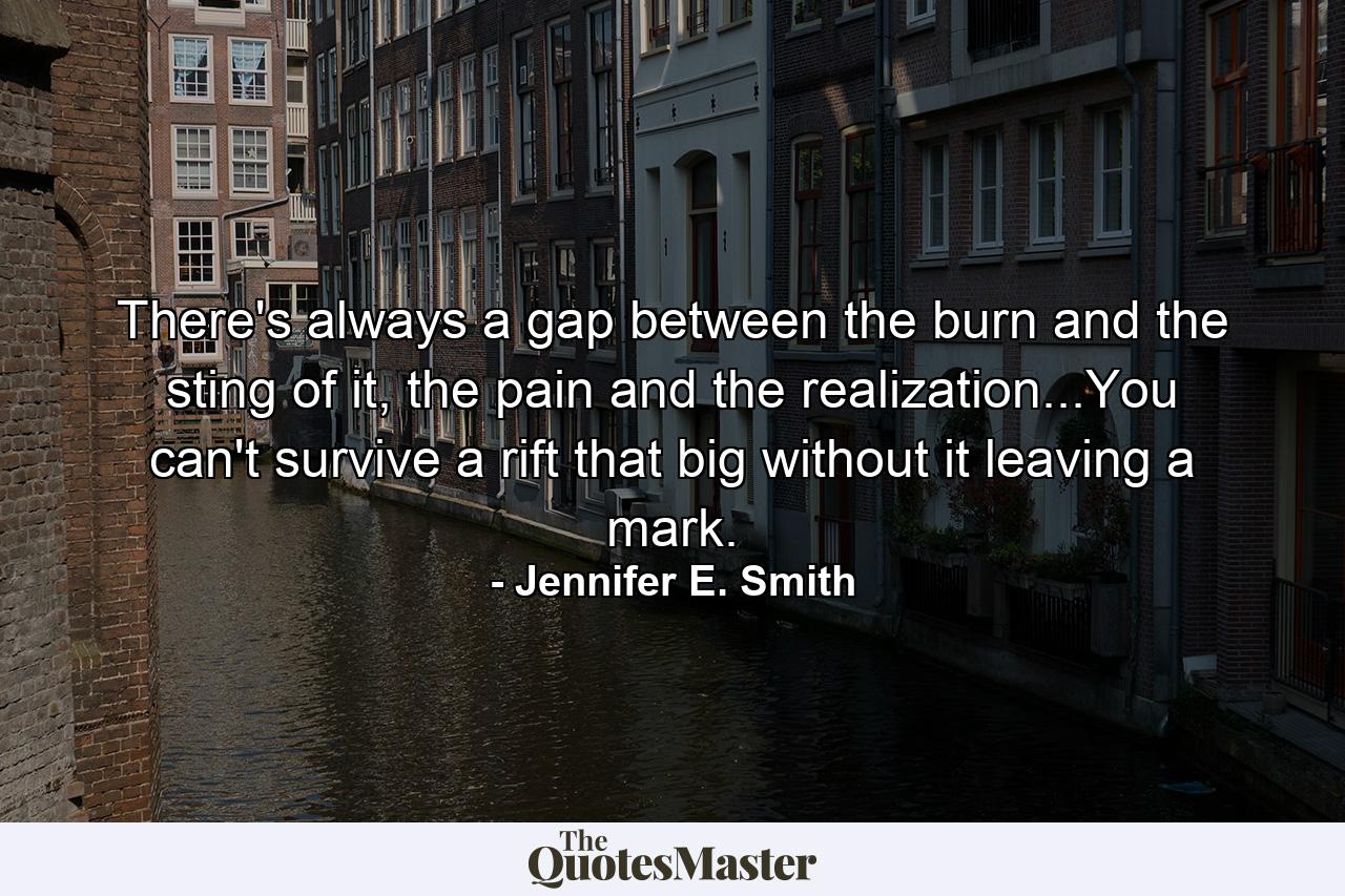 There's always a gap between the burn and the sting of it, the pain and the realization...You can't survive a rift that big without it leaving a mark. - Quote by Jennifer E. Smith