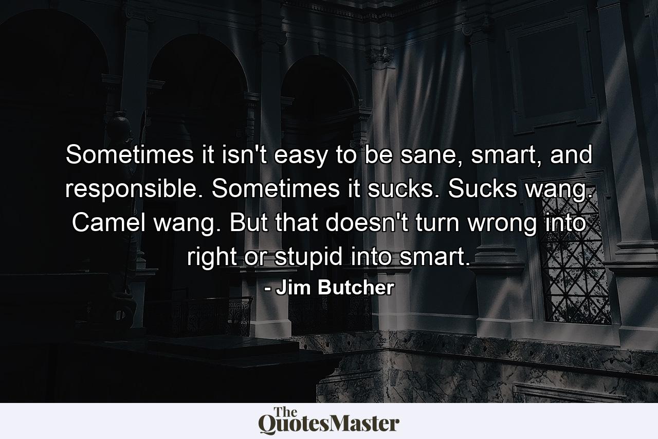 Sometimes it isn't easy to be sane, smart, and responsible. Sometimes it sucks. Sucks wang. Camel wang. But that doesn't turn wrong into right or stupid into smart. - Quote by Jim Butcher