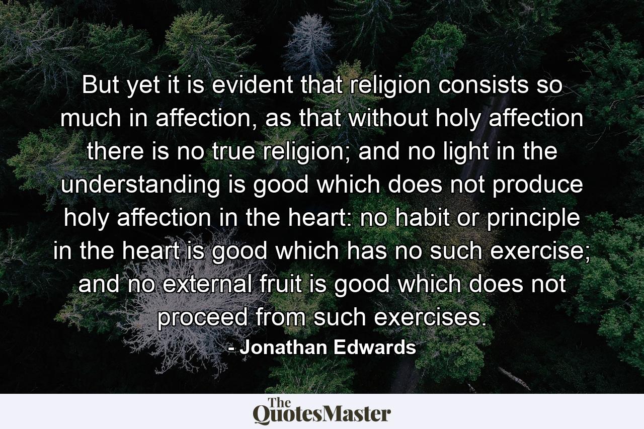 But yet it is evident that religion consists so much in affection, as that without holy affection there is no true religion; and no light in the understanding is good which does not produce holy affection in the heart: no habit or principle in the heart is good which has no such exercise; and no external fruit is good which does not proceed from such exercises. - Quote by Jonathan Edwards