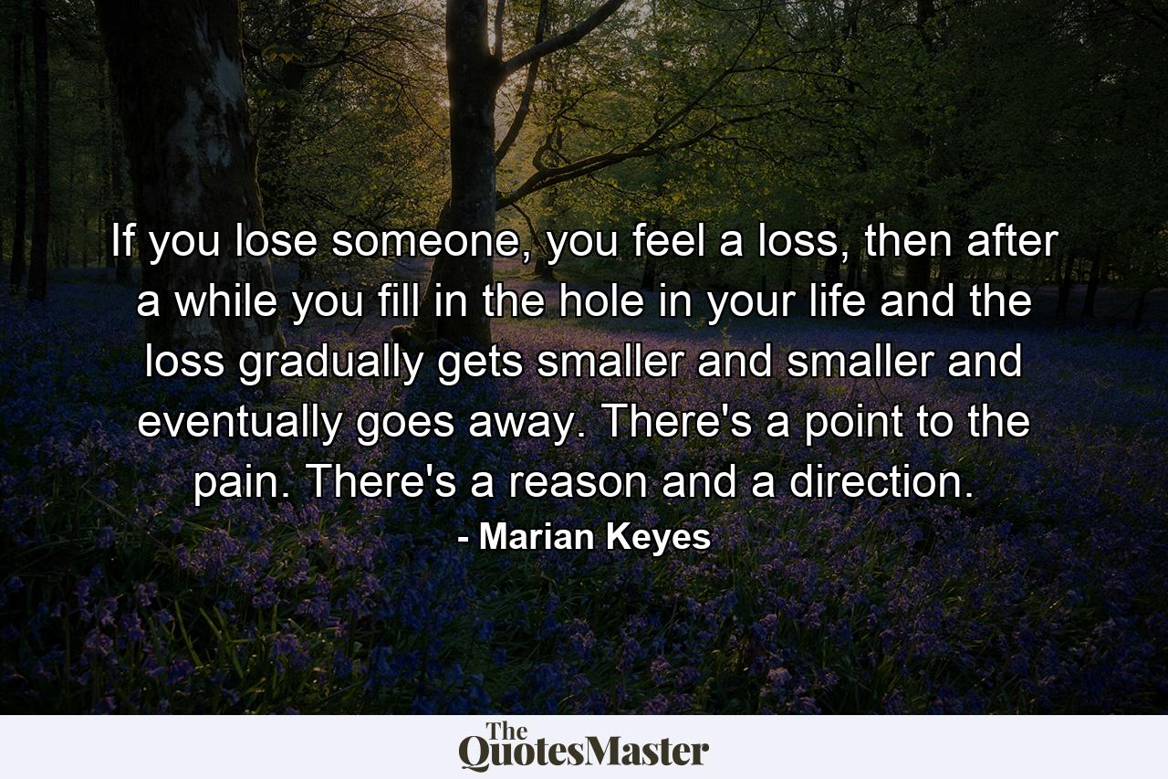 If you lose someone, you feel a loss, then after a while you fill in the hole in your life and the loss gradually gets smaller and smaller and eventually goes away. There's a point to the pain. There's a reason and a direction. - Quote by Marian Keyes