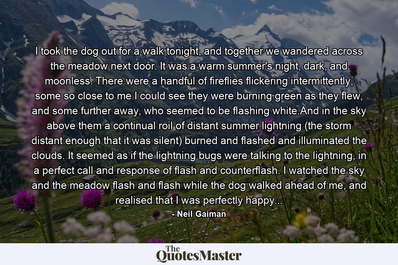 I took the dog out for a walk tonight, and together we wandered across the meadow next door. It was a warm summer's night, dark, and moonless. There were a handful of fireflies flickering intermittently, some so close to me I could see they were burning green as they flew, and some further away, who seemed to be flashing white.And in the sky above them a continual roil of distant summer lightning (the storm distant enough that it was silent) burned and flashed and illuminated the clouds. It seemed as if the lightning bugs were talking to the lightning, in a perfect call and response of flash and counterflash. I watched the sky and the meadow flash and flash while the dog walked ahead of me, and realised that I was perfectly happy... - Quote by Neil Gaiman