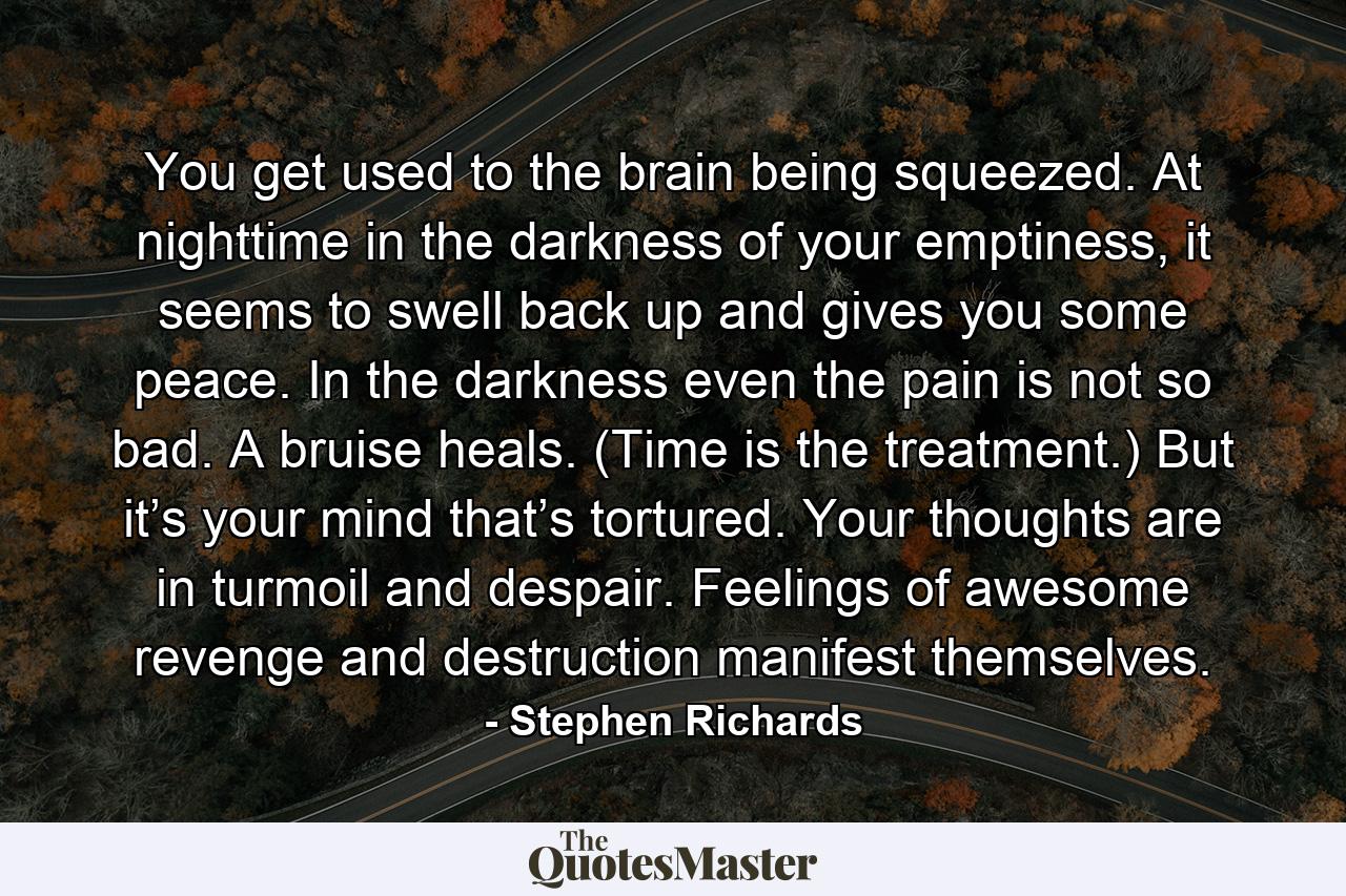 You get used to the brain being squeezed. At nighttime in the darkness of your emptiness, it seems to swell back up and gives you some peace. In the darkness even the pain is not so bad. A bruise heals. (Time is the treatment.) But it’s your mind that’s tortured. Your thoughts are in turmoil and despair. Feelings of awesome revenge and destruction manifest themselves. - Quote by Stephen Richards