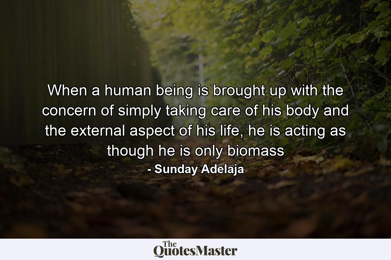 When a human being is brought up with the concern of simply taking care of his body and the external aspect of his life, he is acting as though he is only biomass - Quote by Sunday Adelaja