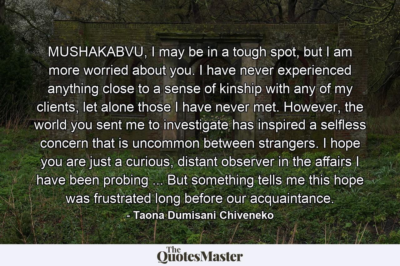 MUSHAKABVU, I may be in a tough spot, but I am more worried about you. I have never experienced anything close to a sense of kinship with any of my clients, let alone those I have never met. However, the world you sent me to investigate has inspired a selfless concern that is uncommon between strangers. I hope you are just a curious, distant observer in the affairs I have been probing ... But something tells me this hope was frustrated long before our acquaintance. - Quote by Taona Dumisani Chiveneko