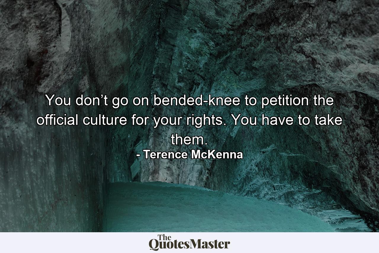 You don’t go on bended-knee to petition the official culture for your rights. You have to take them. - Quote by Terence McKenna