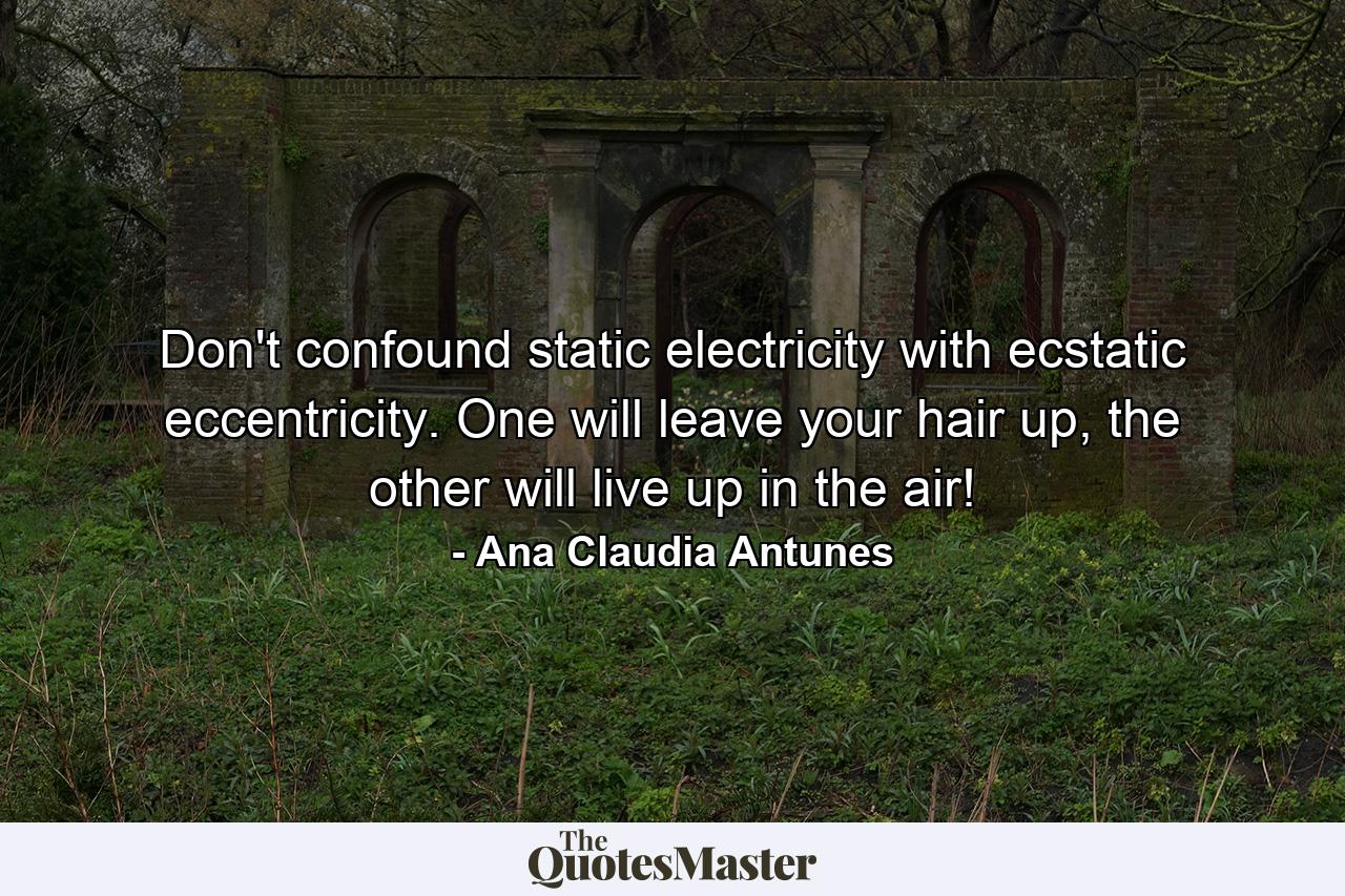 Don't confound static electricity with ecstatic eccentricity. One will leave your hair up, the other will live up in the air! - Quote by Ana Claudia Antunes