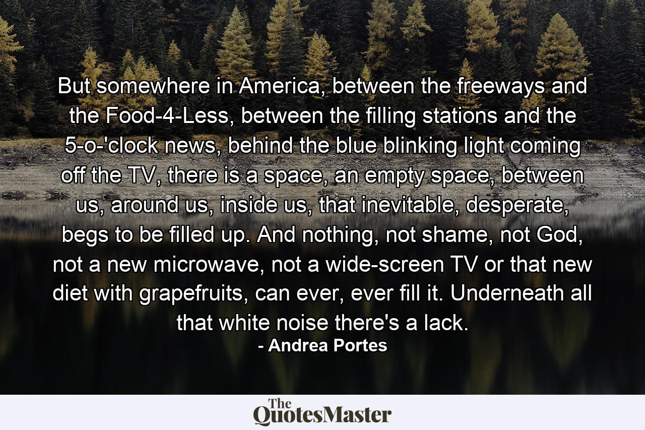 But somewhere in America, between the freeways and the Food-4-Less, between the filling stations and the 5-o-'clock news, behind the blue blinking light coming off the TV, there is a space, an empty space, between us, around us, inside us, that inevitable, desperate, begs to be filled up. And nothing, not shame, not God, not a new microwave, not a wide-screen TV or that new diet with grapefruits, can ever, ever fill it. Underneath all that white noise there's a lack. - Quote by Andrea Portes