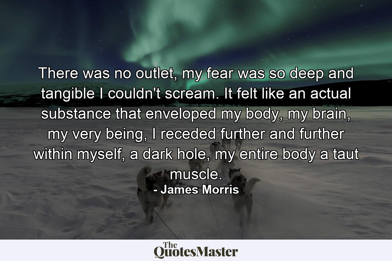 There was no outlet, my fear was so deep and tangible I couldn't scream. It felt like an actual substance that enveloped my body, my brain, my very being, I receded further and further within myself, a dark hole, my entire body a taut muscle. - Quote by James Morris