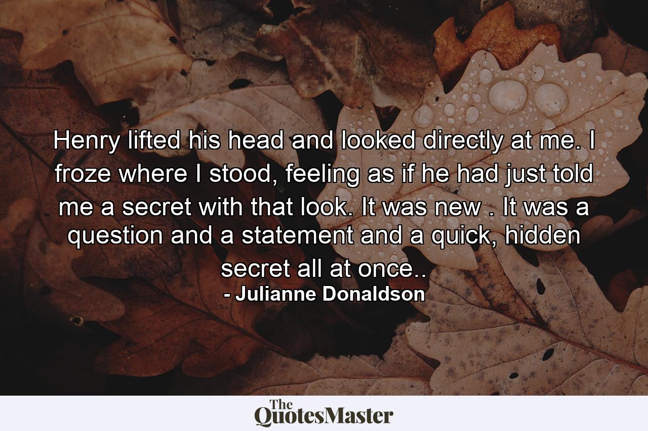 Henry lifted his head and looked directly at me. I froze where I stood, feeling as if he had just told me a secret with that look. It was new . It was a question and a statement and a quick, hidden secret all at once.. - Quote by Julianne Donaldson