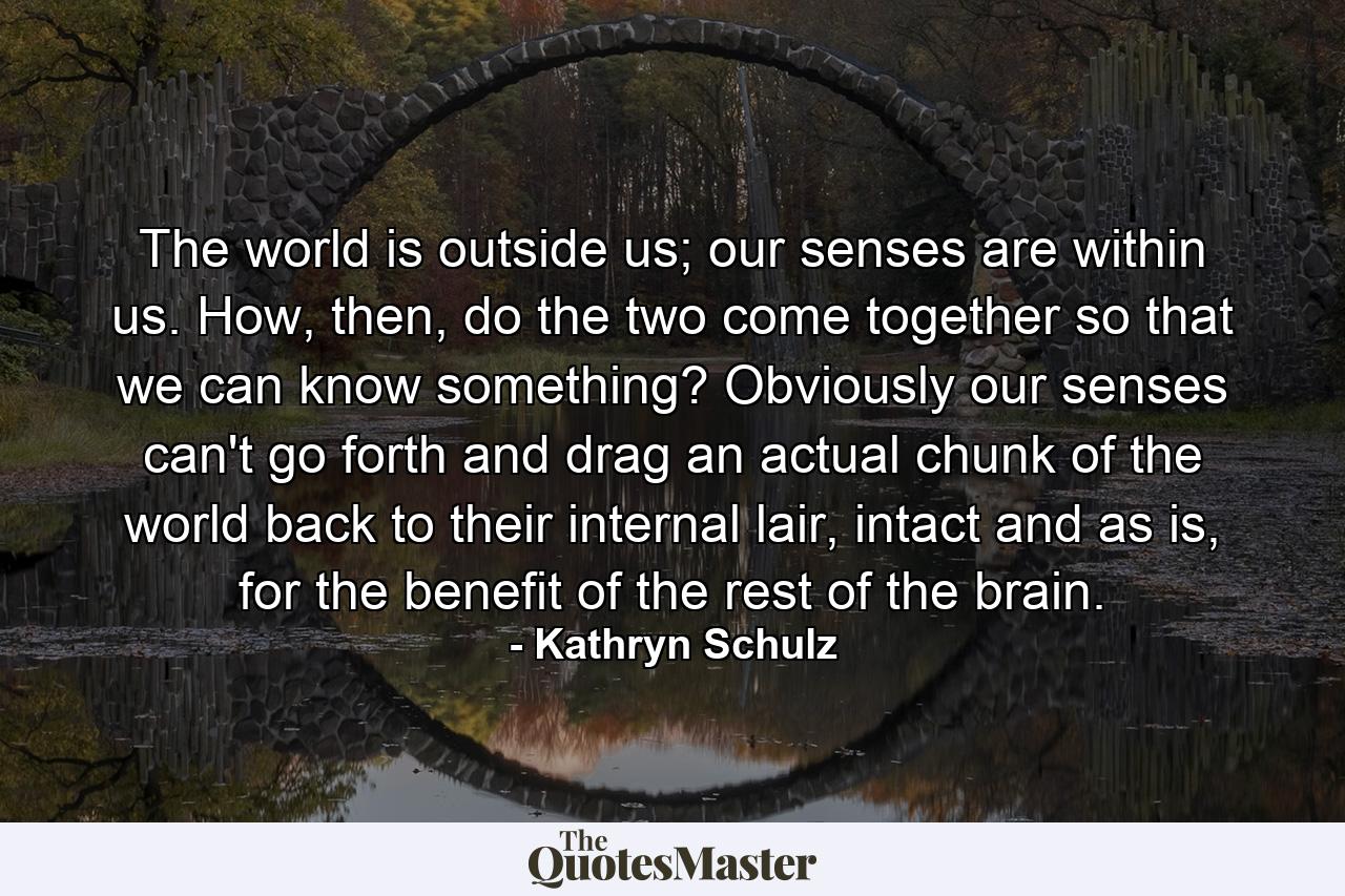 The world is outside us; our senses are within us. How, then, do the two come together so that we can know something? Obviously our senses can't go forth and drag an actual chunk of the world back to their internal lair, intact and as is, for the benefit of the rest of the brain. - Quote by Kathryn Schulz