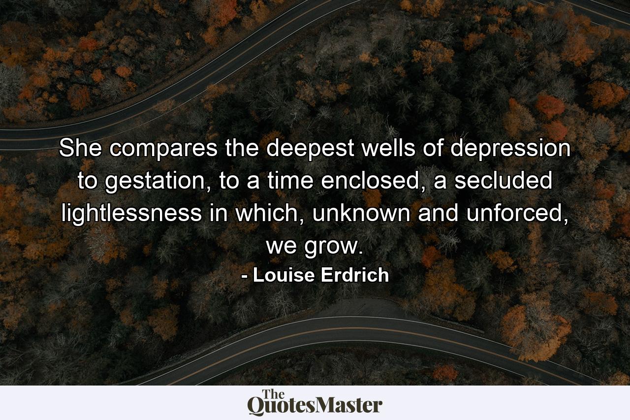 She compares the deepest wells of depression to gestation, to a time enclosed, a secluded lightlessness in which, unknown and unforced, we grow. - Quote by Louise Erdrich