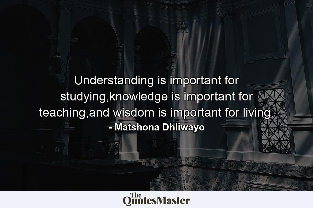 Understanding is important for studying,knowledge is important for teaching,and wisdom is important for living. - Quote by Matshona Dhliwayo