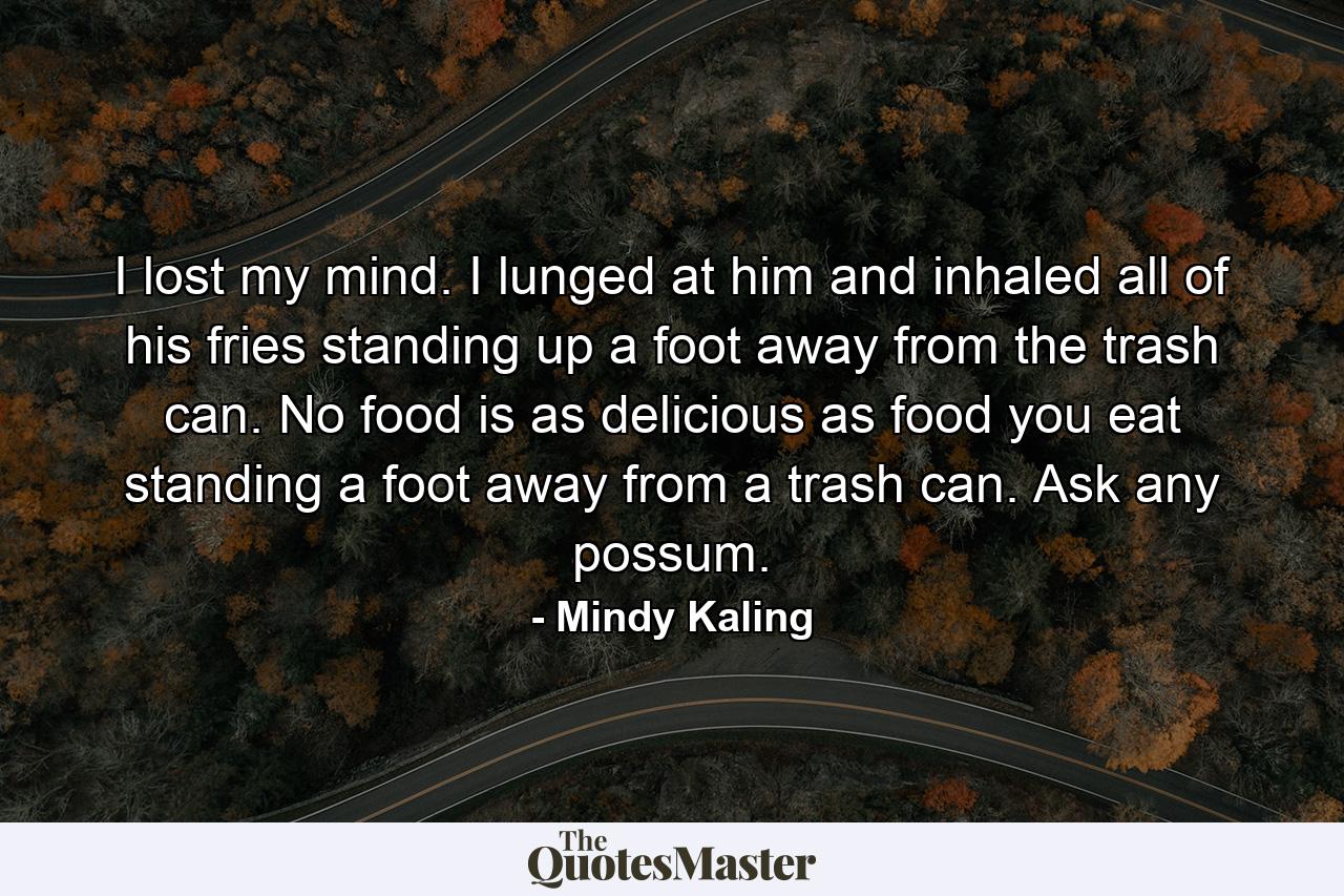 I lost my mind. I lunged at him and inhaled all of his fries standing up a foot away from the trash can. No food is as delicious as food you eat standing a foot away from a trash can. Ask any possum. - Quote by Mindy Kaling