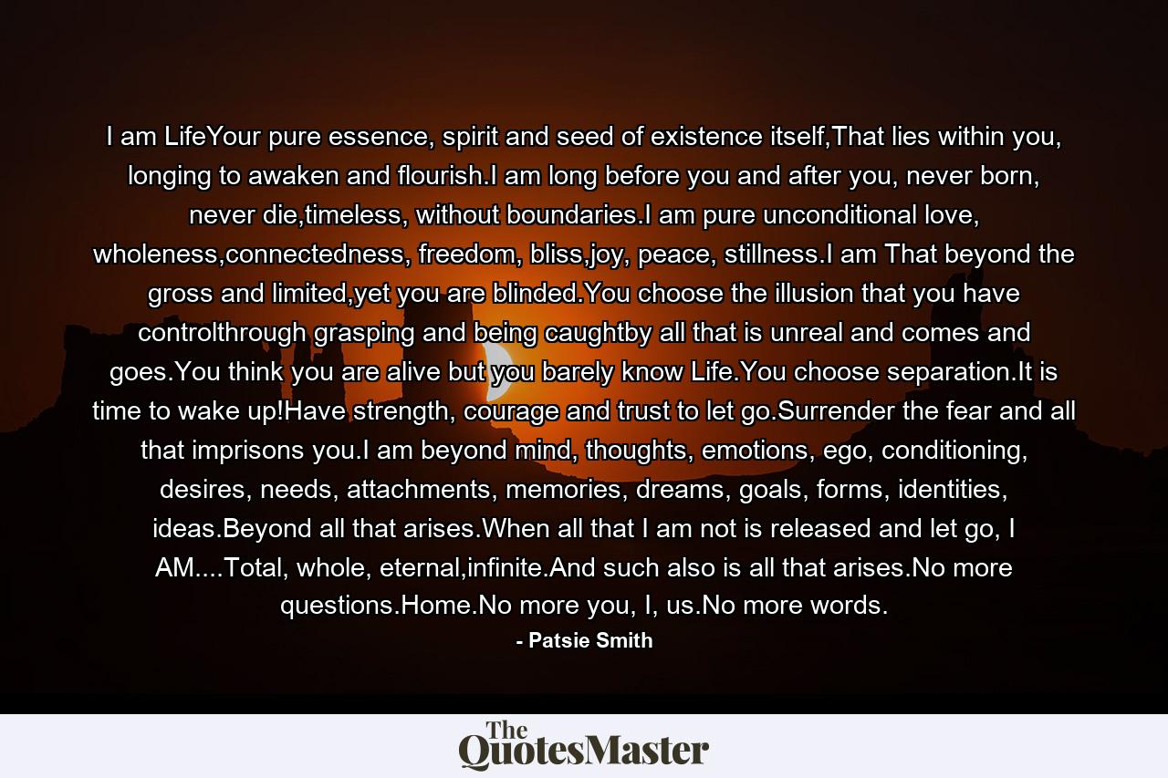 I am LifeYour pure essence, spirit and seed of existence itself,That lies within you, longing to awaken and flourish.I am long before you and after you, never born, never die,timeless, without boundaries.I am pure unconditional love, wholeness,connectedness, freedom, bliss,joy, peace, stillness.I am That beyond the gross and limited,yet you are blinded.You choose the illusion that you have controlthrough grasping and being caughtby all that is unreal and comes and goes.You think you are alive but you barely know Life.You choose separation.It is time to wake up!Have strength, courage and trust to let go.Surrender the fear and all that imprisons you.I am beyond mind, thoughts, emotions, ego, conditioning, desires, needs, attachments, memories, dreams, goals, forms, identities, ideas.Beyond all that arises.When all that I am not is released and let go, I AM....Total, whole, eternal,infinite.And such also is all that arises.No more questions.Home.No more you, I, us.No more words. - Quote by Patsie Smith