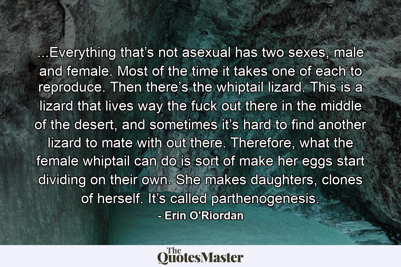 ...Everything that’s not asexual has two sexes, male and female. Most of the time it takes one of each to reproduce. Then there’s the whiptail lizard. This is a lizard that lives way the fuck out there in the middle of the desert, and sometimes it’s hard to find another lizard to mate with out there. Therefore, what the female whiptail can do is sort of make her eggs start dividing on their own. She makes daughters, clones of herself. It’s called parthenogenesis. - Quote by Erin O'Riordan