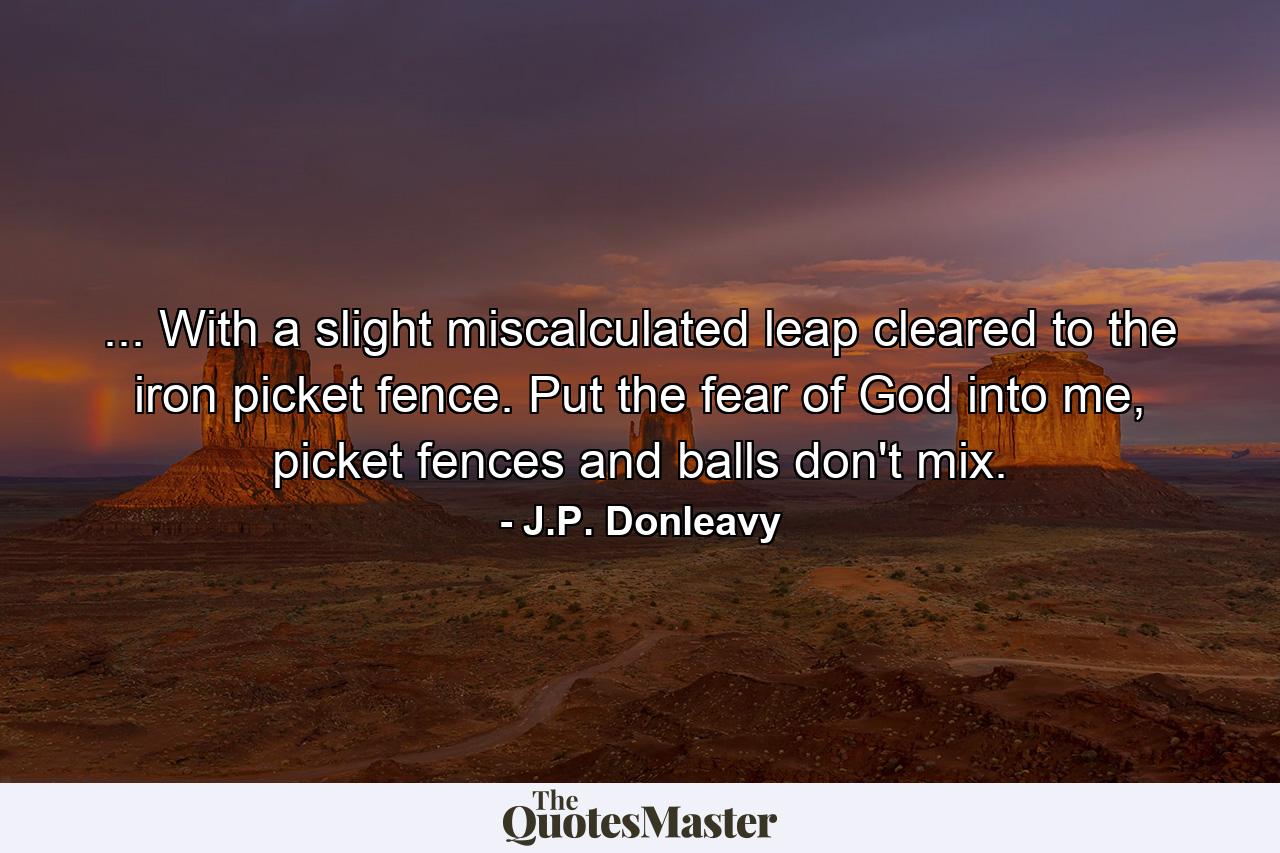 ... With a slight miscalculated leap cleared to the iron picket fence. Put the fear of God into me, picket fences and balls don't mix. - Quote by J.P. Donleavy