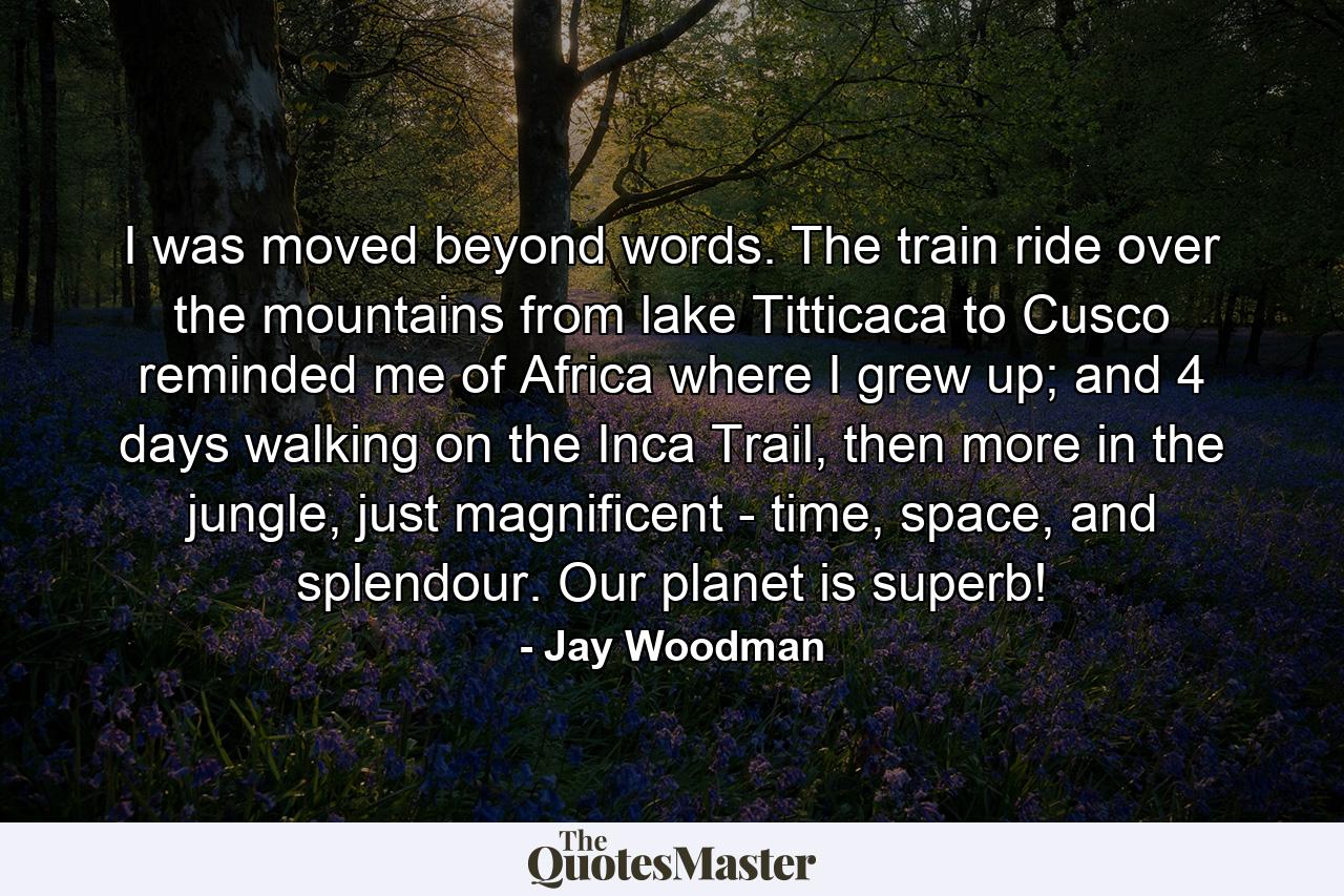 I was moved beyond words. The train ride over the mountains from lake Titticaca to Cusco reminded me of Africa where I grew up; and 4 days walking on the Inca Trail, then more in the jungle, just magnificent - time, space, and splendour. Our planet is superb! - Quote by Jay Woodman