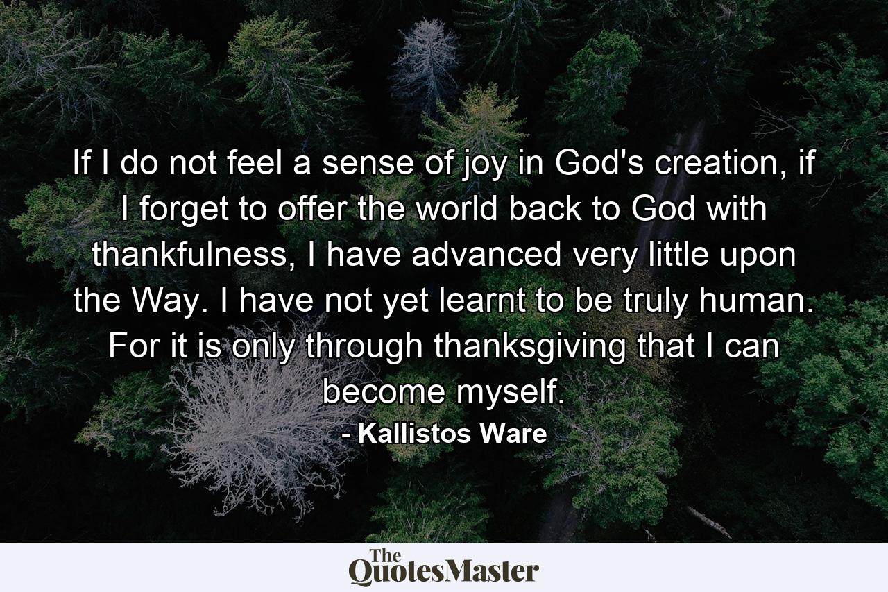 If I do not feel a sense of joy in God's creation, if I forget to offer the world back to God with thankfulness, I have advanced very little upon the Way. I have not yet learnt to be truly human. For it is only through thanksgiving that I can become myself. - Quote by Kallistos Ware