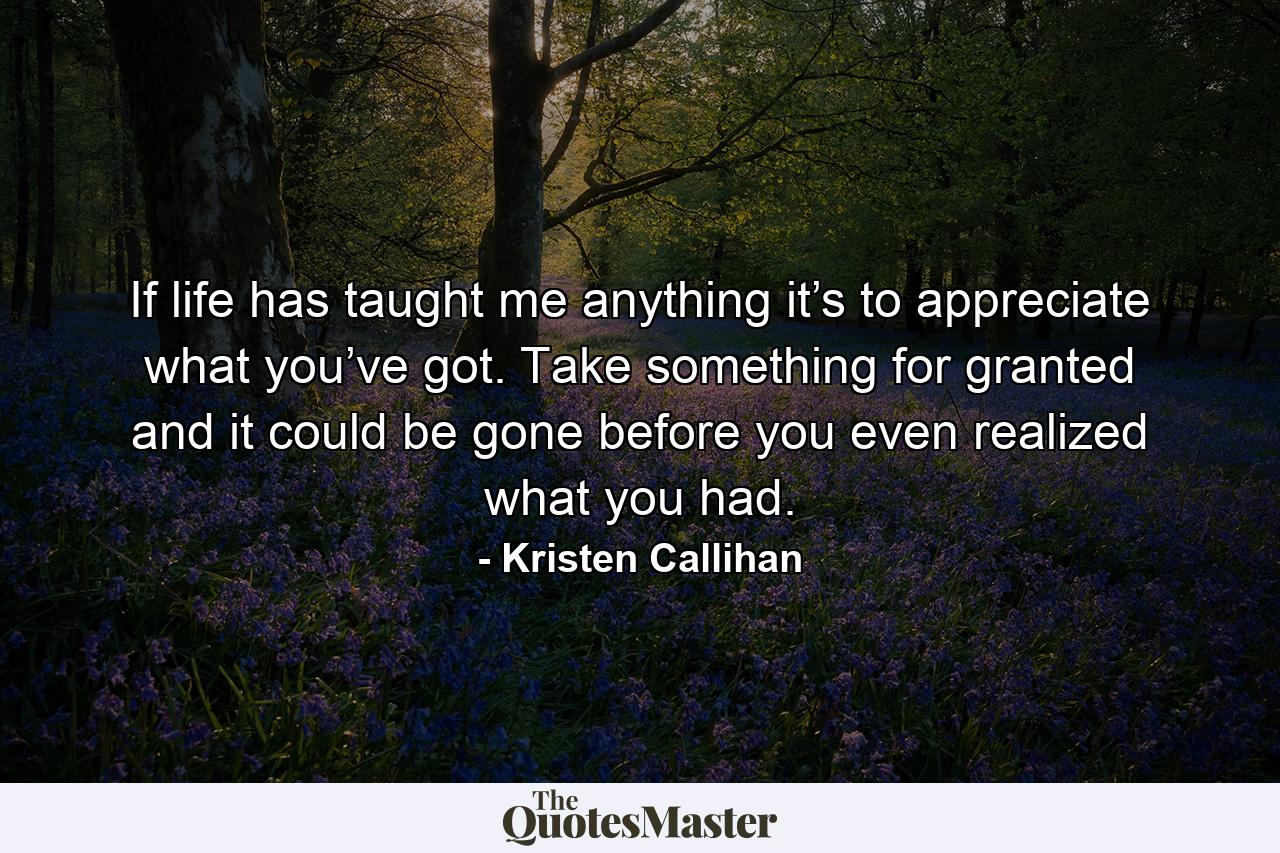 If life has taught me anything it’s to appreciate what you’ve got. Take something for granted and it could be gone before you even realized what you had. - Quote by Kristen Callihan